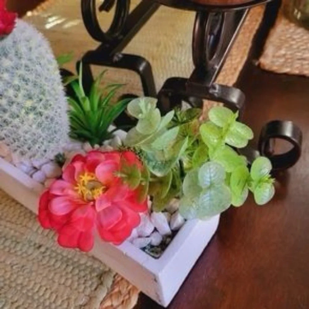 Faux Desert Cactus & Succulent Plant Arrangement In White Planter River Rocks